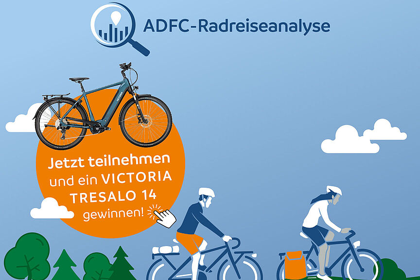 ADFC-Radreiseanalyse 2024 Großbild mobil mit Störer Grafik zur ADFC-Radreisenanalyse 2024, zwei Personen fahren Rad, mit Kreis, der auf Gewinn eines Elektrofahrrads von Victoria hinweist