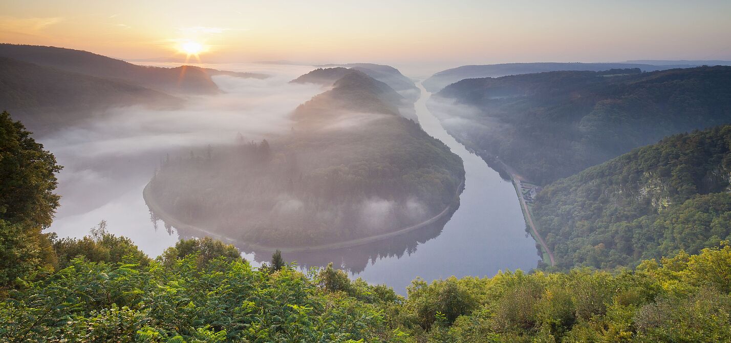 Aussicht auf die Flussschleife der Saar in herbstlicher Landschaft