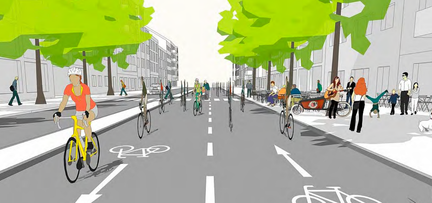 Titelbild Forderungspapier Koalitionsverhandlungen EIne Grafik einer Straßenszene mit vielen Radfahrenden.